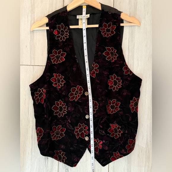 Vintage Anchor Blue Vest Women Medium Black  Purple Flowers - Picture 2 of 9